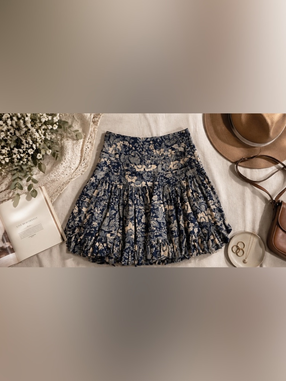 Vintage Y2K Ralph Lauren Jeans Co Skirt Blue Floral Tiered Ruffle Cottagecore 14